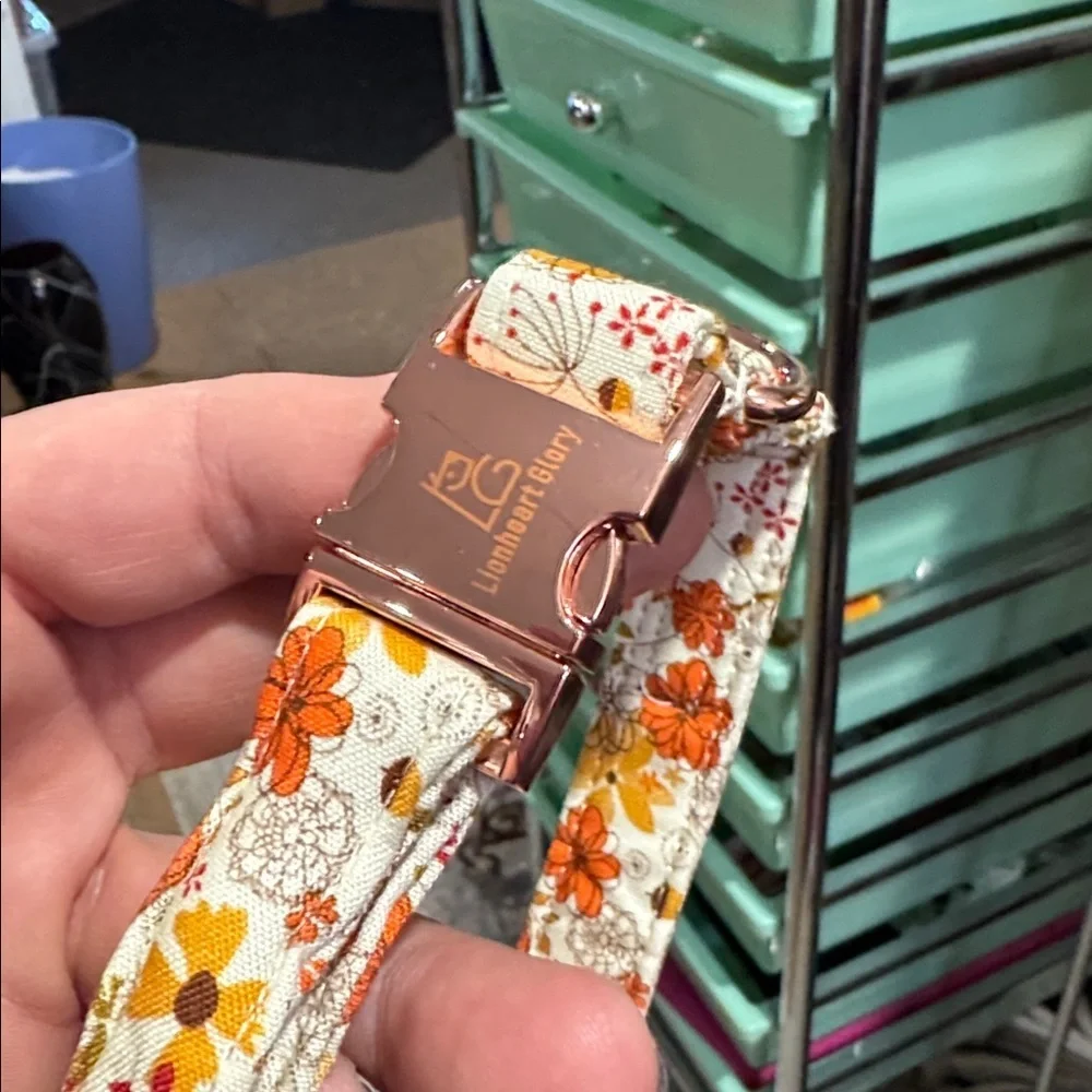 Floral Fabric collar puppy dog small Orange Yellow Flowersrose gold hardware NEW